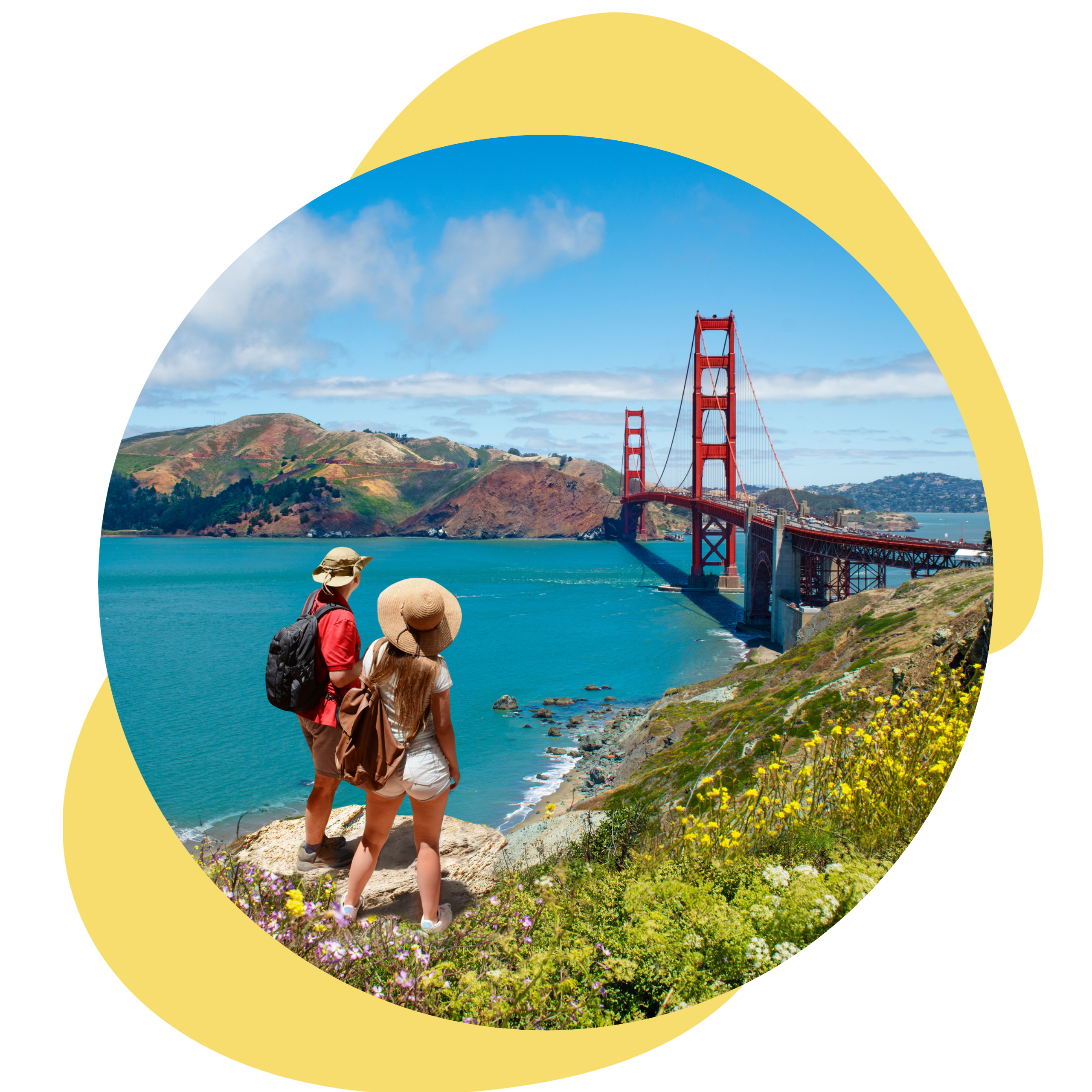 A family in San Fransisco for a family reunion looking at the Golden Gate Bridge.