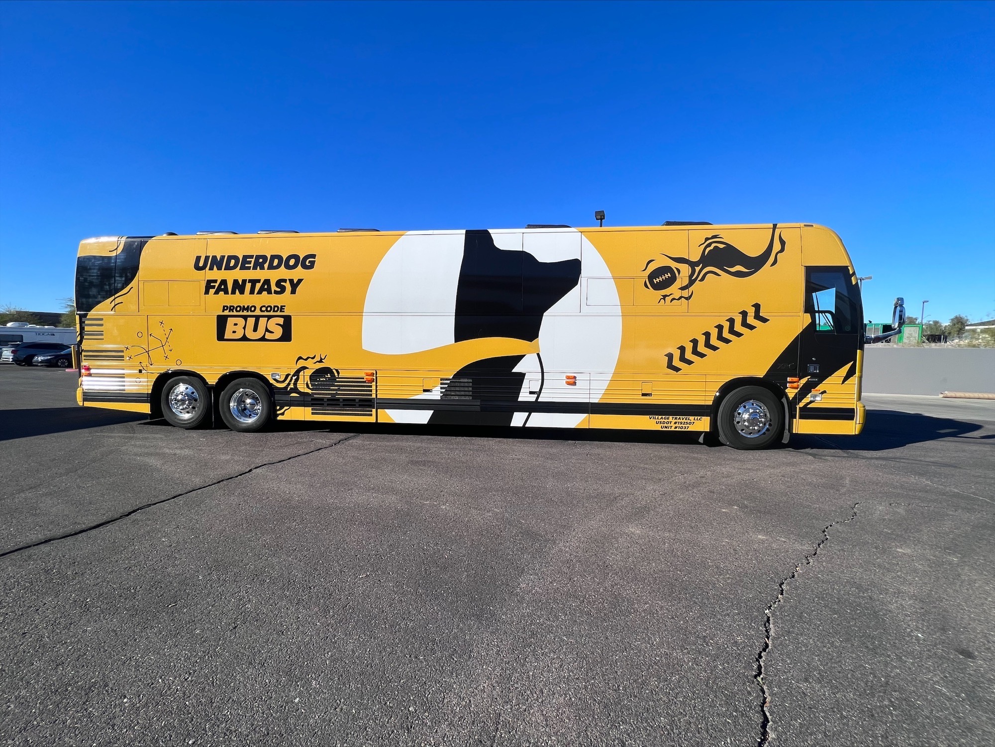 Nationwide Bus Charter's bus wrap job for the Underdog Fantasy in preparation for the 2023 Superbowl.